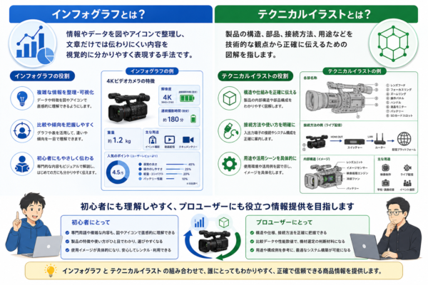 インフォグラフとテクニカルイラストの違いを比較しながら解説した図解イメージ。カメラ機材を例に、情報整理・可視化・構造説明・接続方法などを初心者にも分かりやすく紹介している。