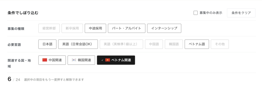 採用サイトの求人検索画面で「必要言語:ベトナム語」「関連する国・地域:ベトナム関連」が選択され、該当求人が6件表示されている様子