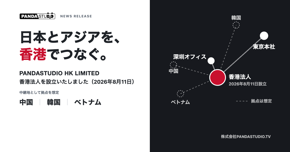 日本とアジアを、香港でつなぐ。PANDASTUDIO HK LIMITED 香港法人を設立いたしました（2026年8月11日）。香港法人を中心に東京本社・深圳オフィスと、想定する中国・韓国・ベトナムの拠点を結ぶ図