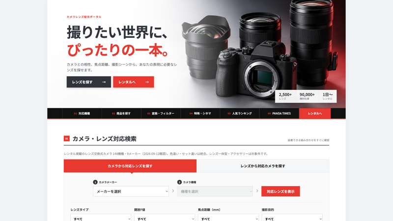 カメラレンズ総合ポータルの対応レンズ検索画面