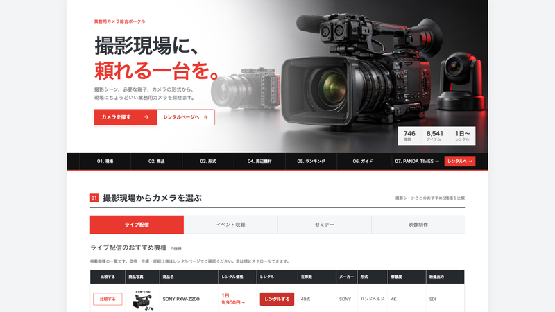 業務用ビデオカメラ総合ポータルの撮影現場別機材選びの画面