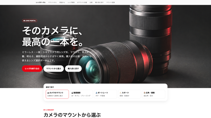 レンズレンタル・購入ガイドのレンズ検索画面