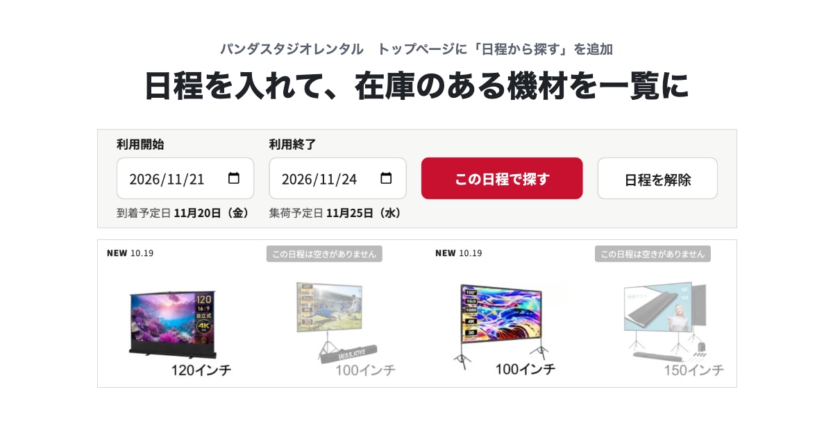 「日程を入れて、在庫のある機材を一覧に」の見出しと「日程から探す」の入力欄、新着商品4点のうち2点に「この日程は空きがありません」と表示された画面